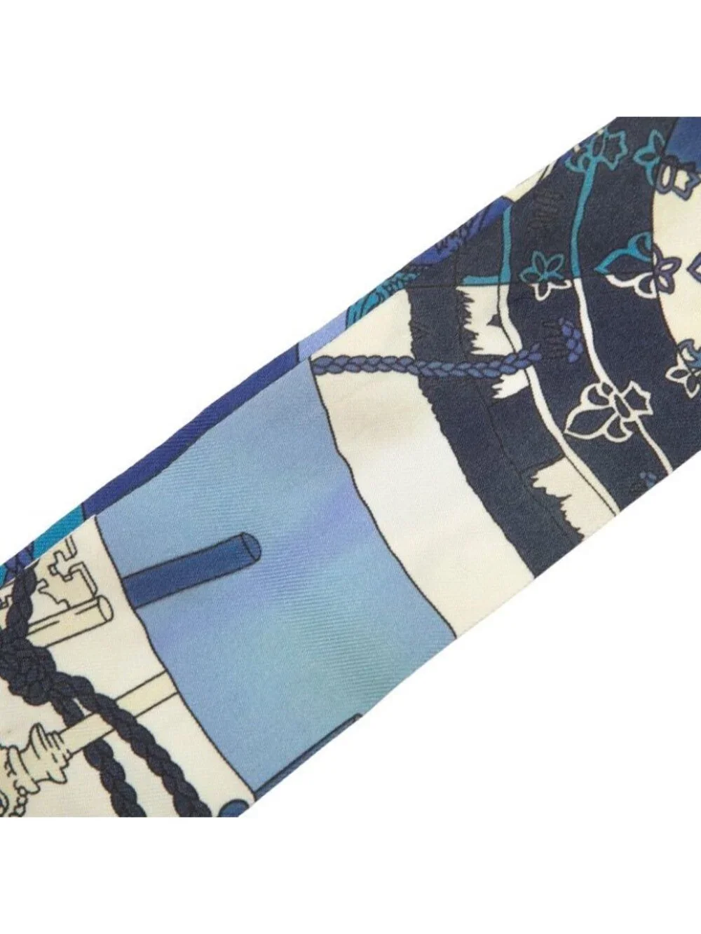 Hermes Twilly Spiral to the Key Tours de Cles Scarf Blue Silk